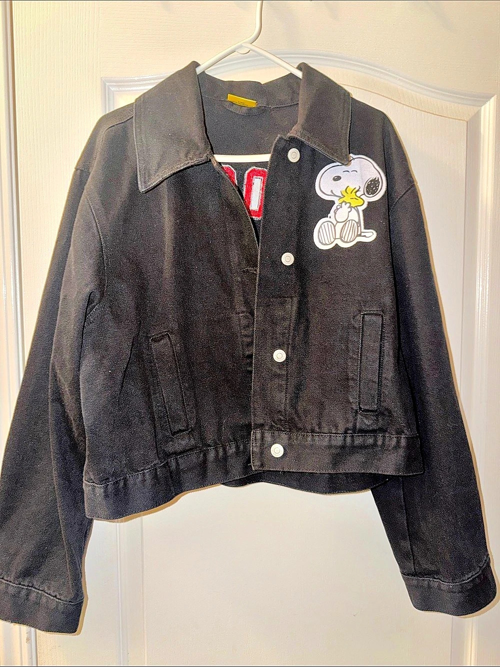 Peanuts Snoopy Jacket Black Denim Jacket Size XL Like New